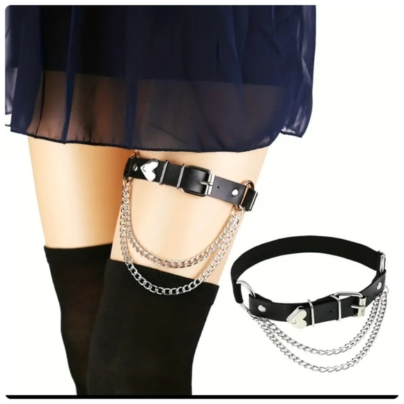 Punk Gothic faux Leather Elastic Thigh chain link & silver metal leg band new - Picture 1 of 7